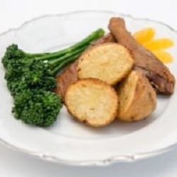 Roast potatoes with duck legs, broccolini and orange 250x250