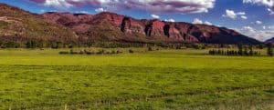 Lush green field with red rocky mountains under cloudy sky
