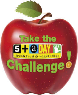 Red apple with "Take the 5 a day challenge" text logo