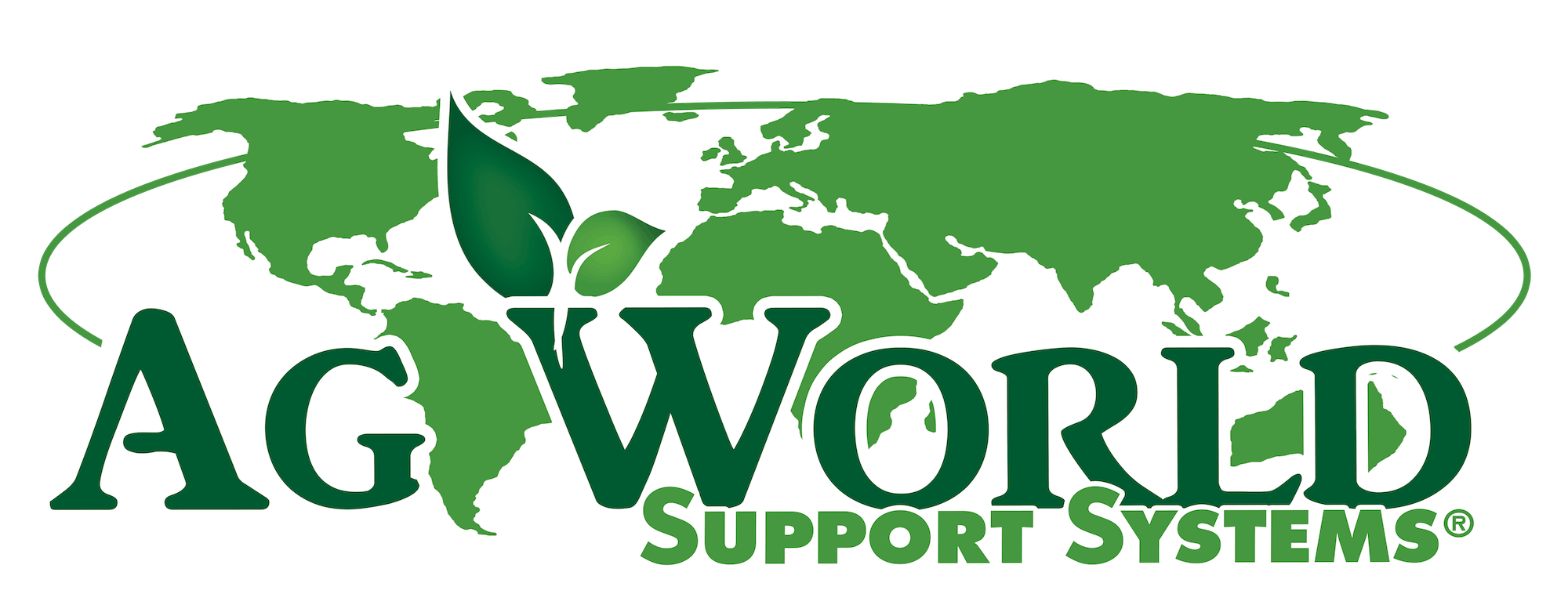Green world map with AG World Support Systems logo and leaf design