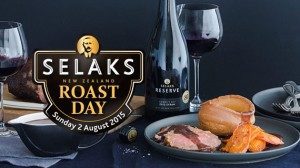 New Zealand Selaks Roast Day wine bottle with plated meal