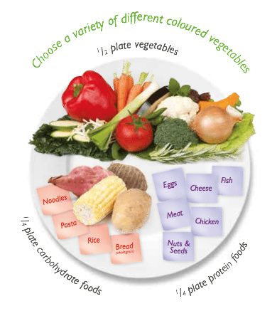 Plate showing balanced meal portions with vegetables, carbs, and proteins