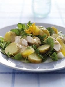 Plate of chicken salad with potatoes, greens, and citrus slices