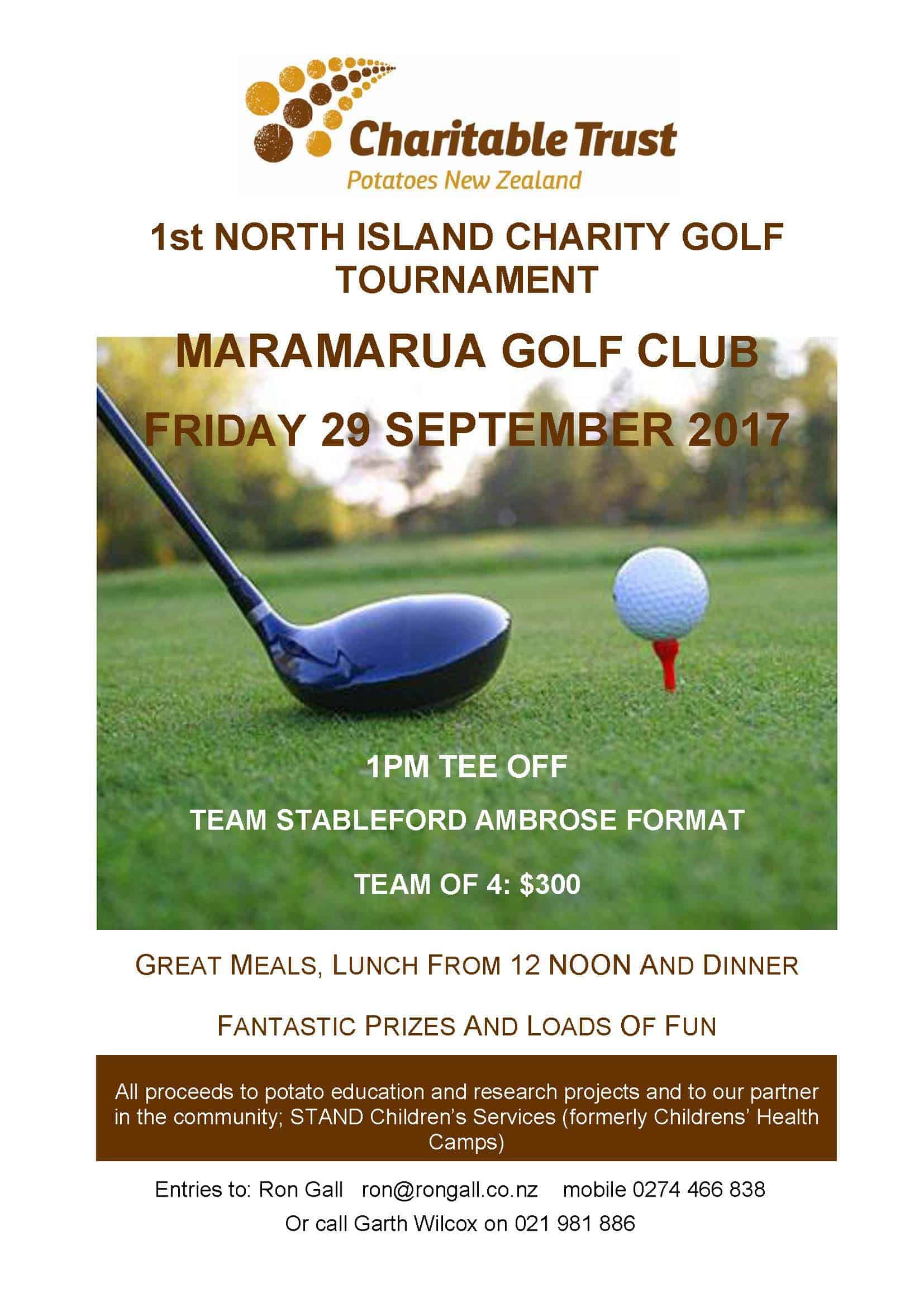 Golf club and ball on grass for charity golf tournament flyer.
