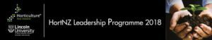 Hands holding soil with seedling, HortNZ Leadership Programme 2018 logo