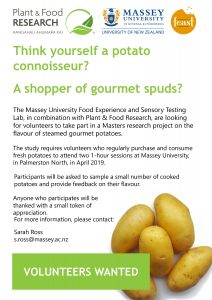 Volunteer call for steamed gourmet potato flavor study poster.