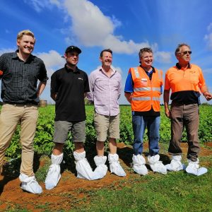 Group of men wearing protective boot covers standing in field