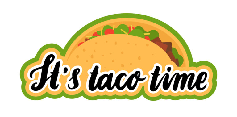 The hand-drawing inscription: "It's taco time", of black ink with image taco. It can be used for menu, sign, banner, poster, and other promotional marketing materials. Vector Image.