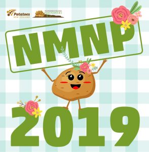 Cute cartoon potato character with NMNP 2019 text and flowers