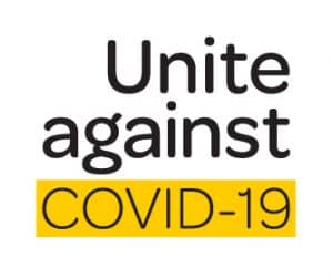 Unite against COVID-19 text with yellow highlight