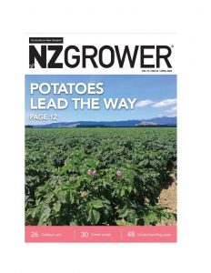 Potato field under blue sky on NZ Grower magazine cover.