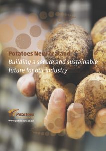 Close-up of hands holding soil-covered potatoes with text overlay.