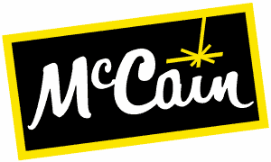 McCain logo with white cursive text on black yellow background