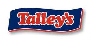 Talley's red and white logo text on blue background banner