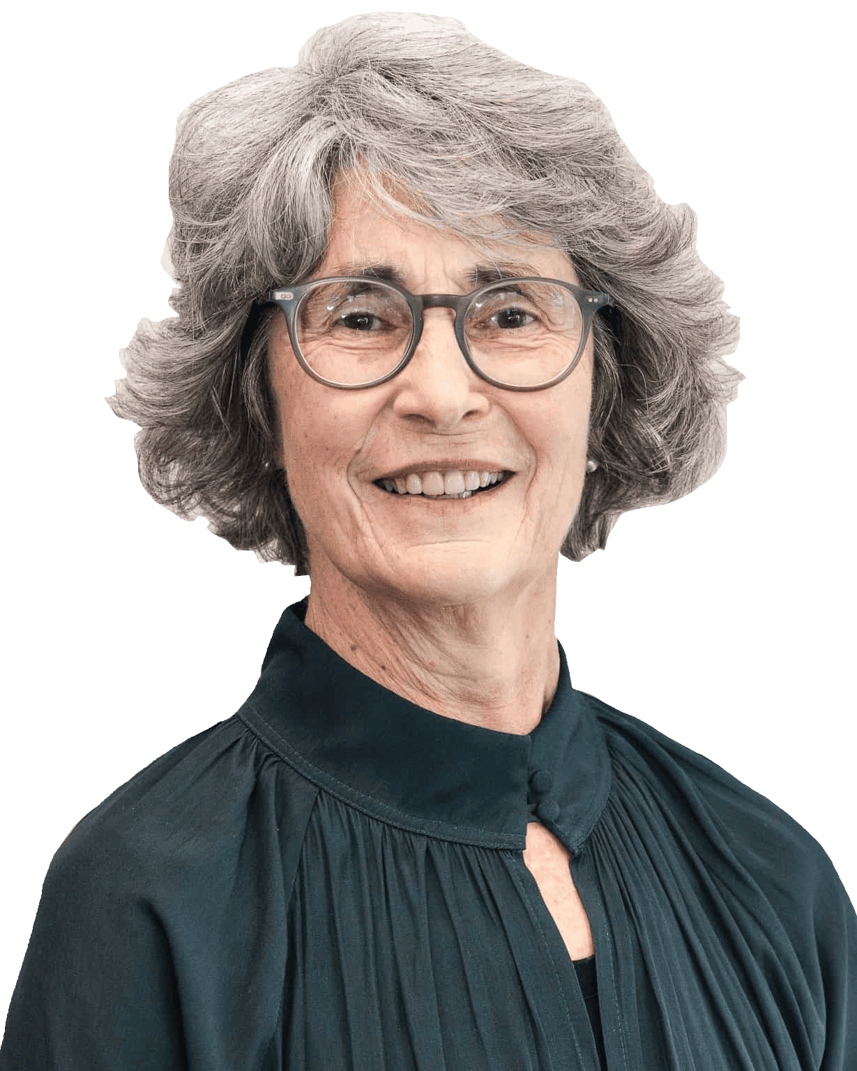 Smiling elderly woman with gray hair and glasses, black blouse
