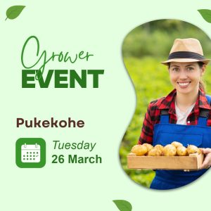 Smiling female farmer holding potatoes, Grower Event Pukekohe.