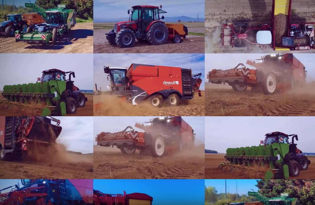 Various modern agricultural tractors and harvesters working in fields