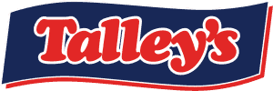 Talley's logo with bold red text on navy blue background