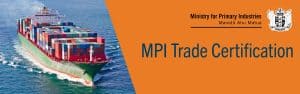 Cargo ship carrying containers with MPI Trade Certification text