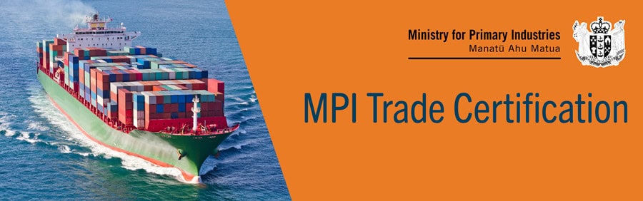 Cargo ship carrying containers with MPI Trade Certification text