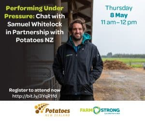 Samuel Whitelock outdoor farm photo promoting Potatoes NZ chat event.