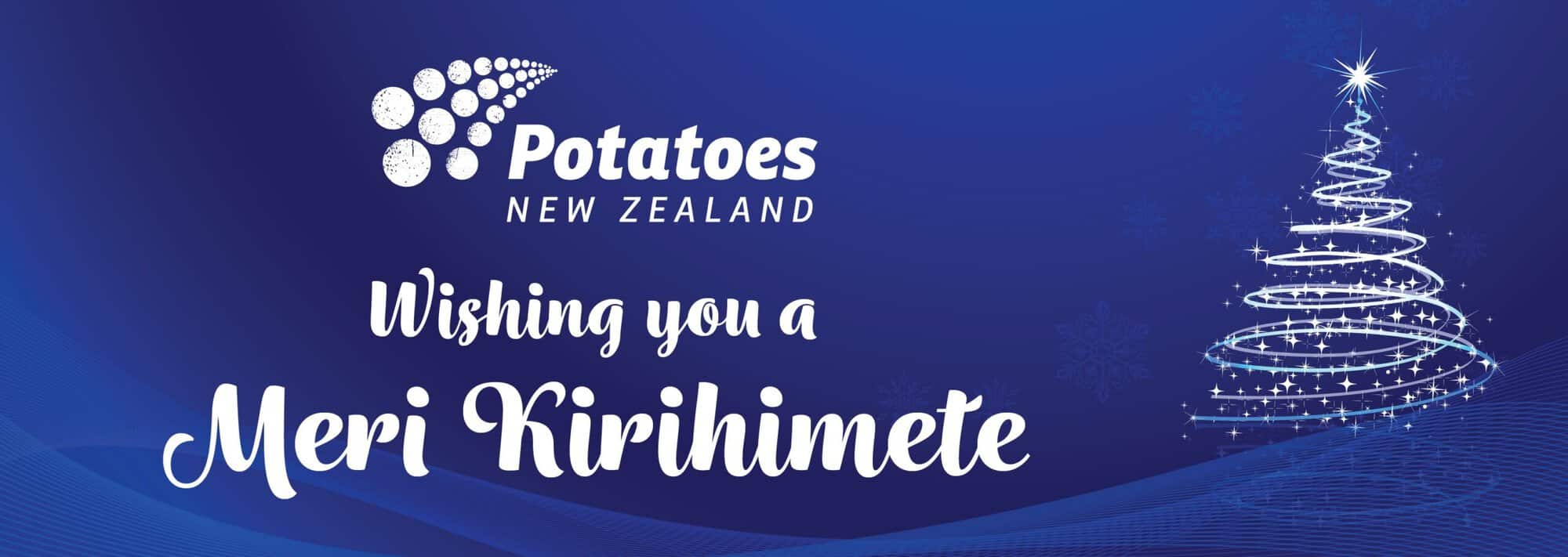 Potatoes New Zealand Christmas greeting with glowing Christmas tree