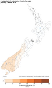 Probabilistic precipitation forecast map for New Zealand dry January-March 2025.