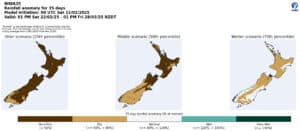 Rainfall anomaly maps for New Zealand, three forecast scenarios.