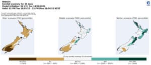 Rainfall anomaly map for New Zealand, dry to wet scenarios.