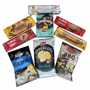 Assorted snack packs including chips, biscuits, and crackers.