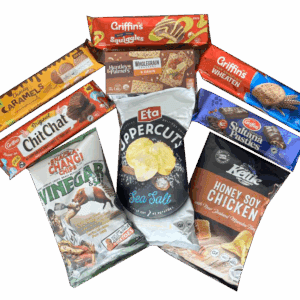 Assorted New Zealand snack packets including chips and biscuits.