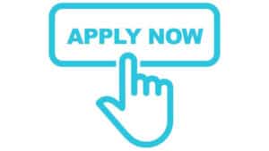 Blue hand cursor clicking "Apply Now" button illustration.