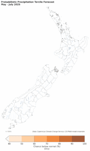 Probabilistic precipitation forecast map of New Zealand May-July 2025.