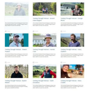 Grid of podcast episode thumbnails featuring outdoor portraits with titles.