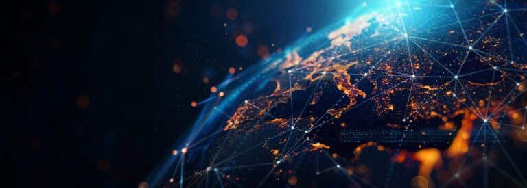 Digital globe with glowing network lines and city lights at night