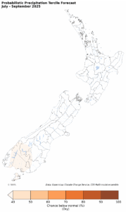 New Zealand probabilistic precipitation forecast July-September 2025 map