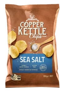 Copper Kettle Sea Salt potato chips bag, gluten-free snack.