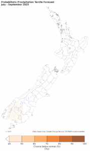 Map of New Zealand dry precipitation forecast July-September 2025