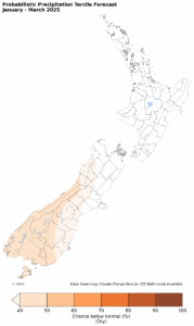 New Zealand dry precipitation forecast map January to March 2025