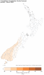 Probabilistic precipitation forecast map for New Zealand, January-March 2025.