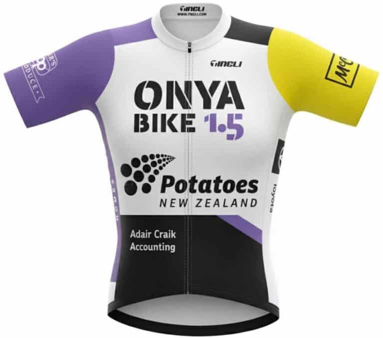 Cycling jersey with Onya Bike 1.5 and Potatoes New Zealand logos