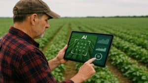 Farmer using AI tablet for crop monitoring in green field.