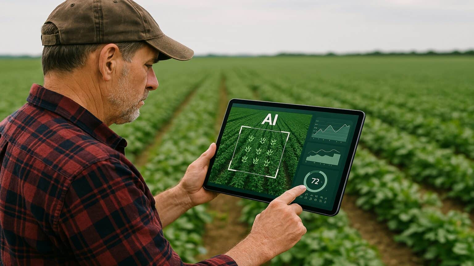 Farmer using AI tablet for crop monitoring in green field.
