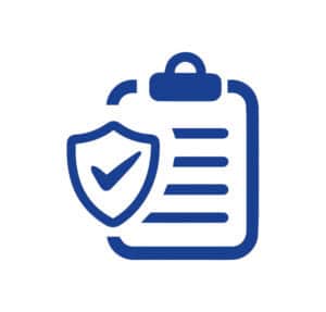Blue clipboard with shield and checkmark icon symbolizing security.