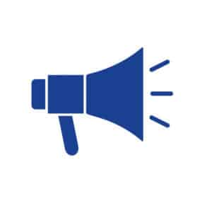 Blue megaphone icon with sound wave lines on white background