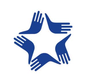 Blue hands forming a star shape symbolizing unity and teamwork