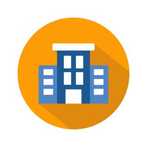 Blue building icon with white windows on orange circle background