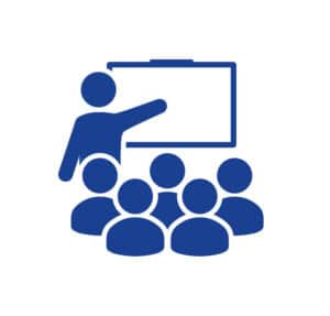 Blue icon of presenter giving a presentation to audience group