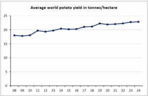 Average world potato yield in tonnes per hectare