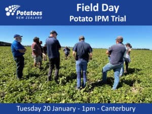 Group of people examining potato plants during New Zealand Field Day trial